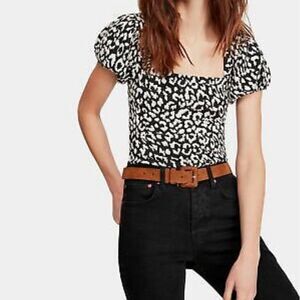 Free People No Type Black Animal Leopard Print Square Neck Puff Sleeves Sz Small